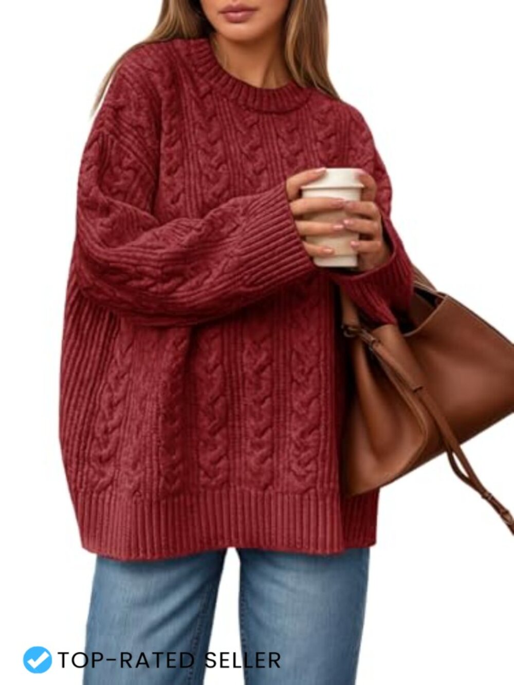 Cable Knit Sweater Oversized Long Sleeve Chunky Crew Neck Pullover